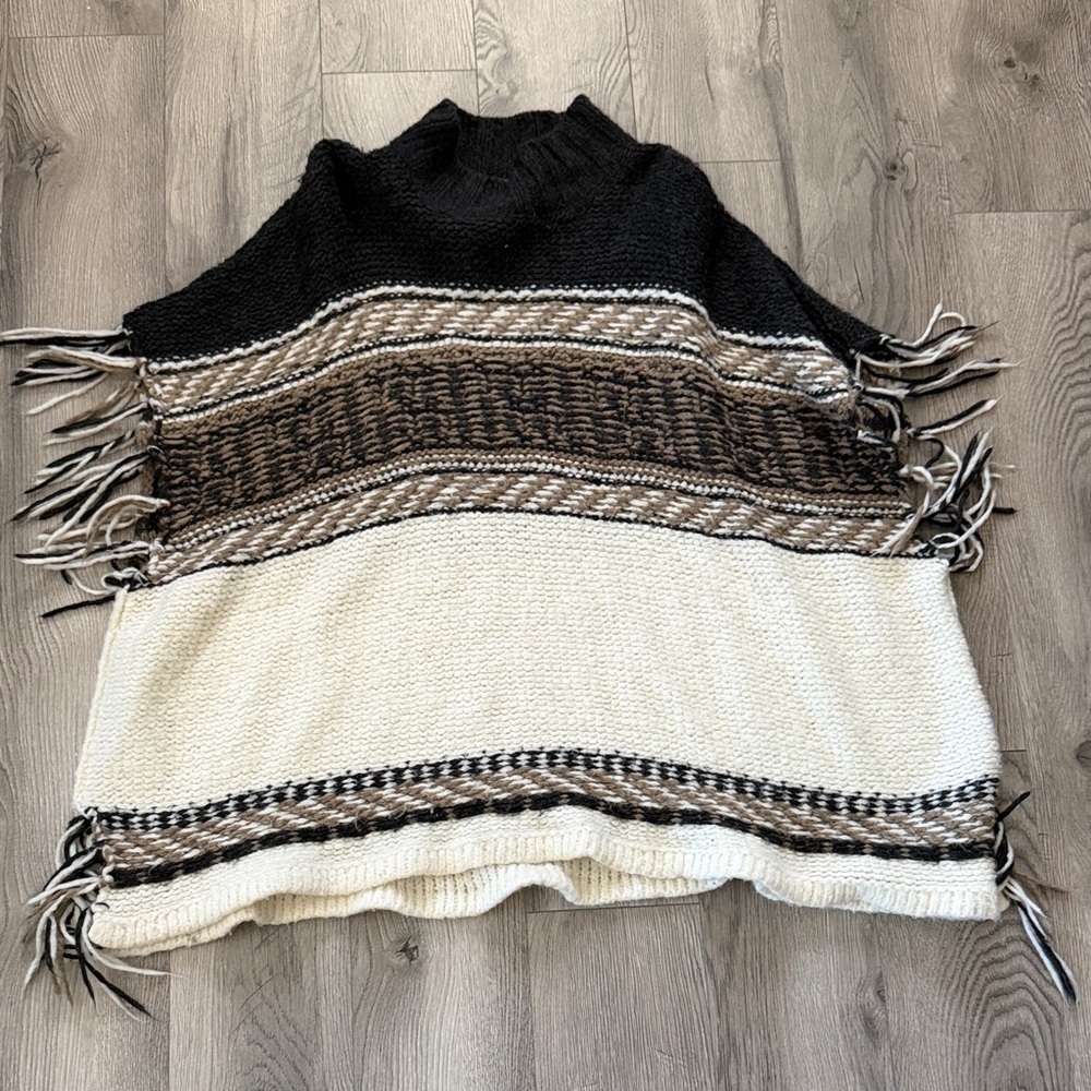Free People Striped Fringe Knit Poncho in Black, Brown & Cream